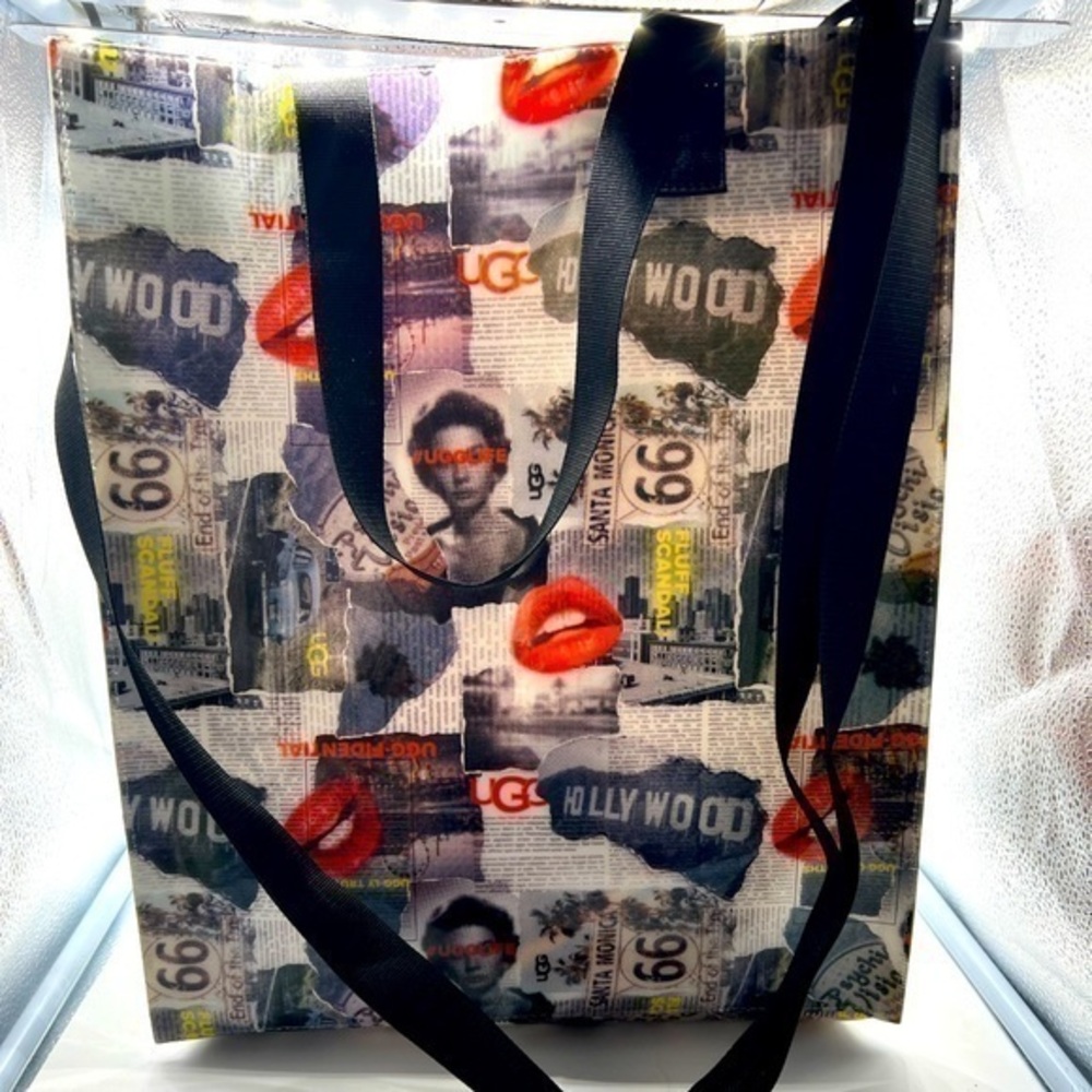 UGG Australia Hollywood Newspaper Print Vinyl Tote Bag, Red Lips